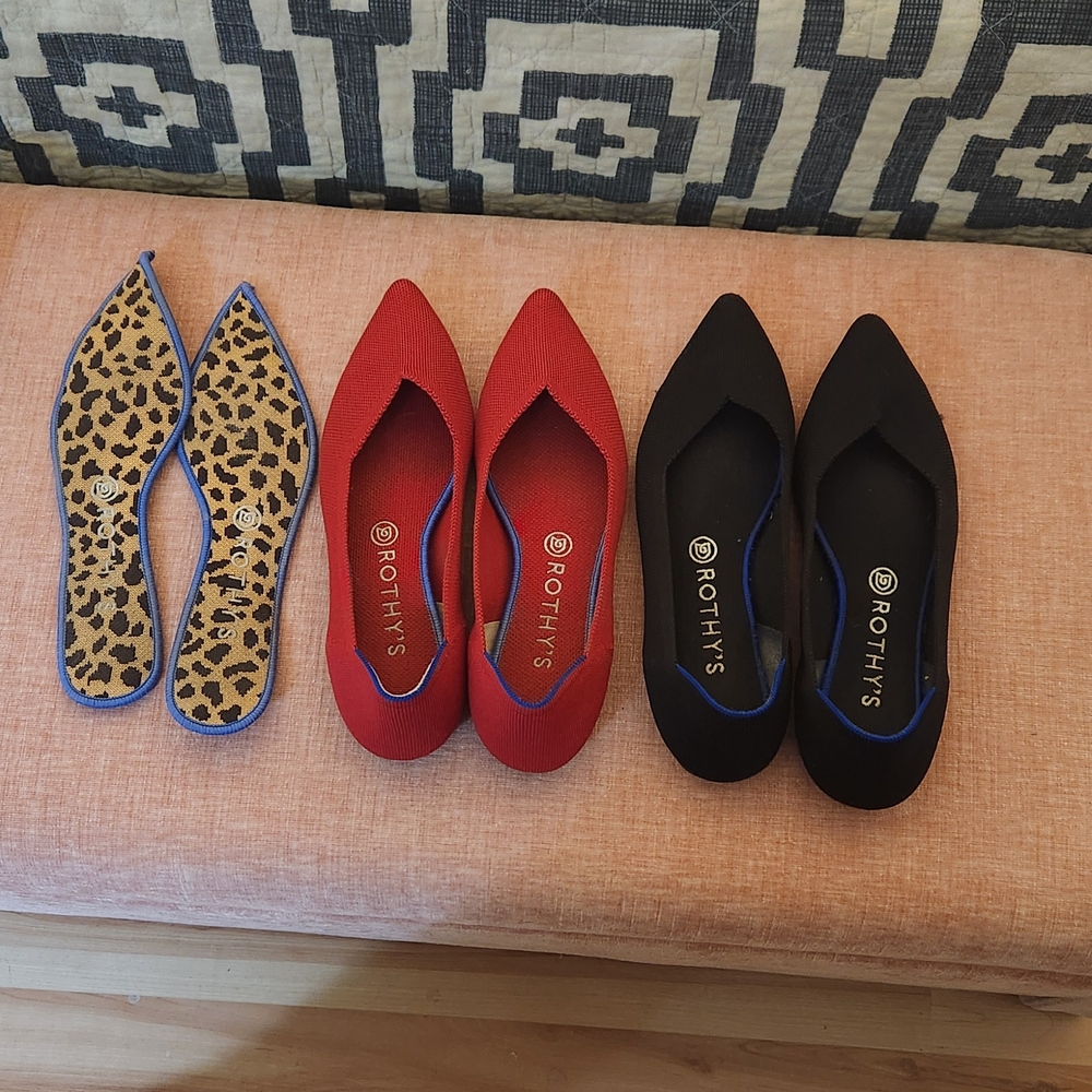 Two Pairs Of Rothy's Red and Black Flats with Leopard Print Insoles